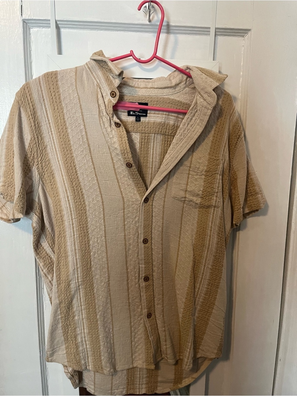 Ben Sherman Beige and Cream Striped Short-Sleeve Button-Up Shirt